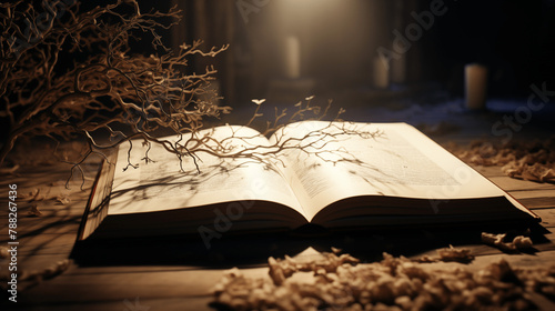 Grand livre ouvert posé sur une table avec de la lumière. Grimoire, manuel, magie. Ambiance sombre. Littérature, roman. Pour conception et création graphique.  photo