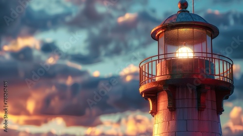 Lighthouse beam at dusk, detailed close-up, guiding light, coastal guardian, maritime safety 