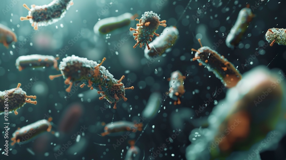 Microscope view of bacteria, intense close-up, disease study, scientific exploration, pathogen detail Microscope view of bacteria, intense close-up, disease study, scientific exploration, pathogen detail
