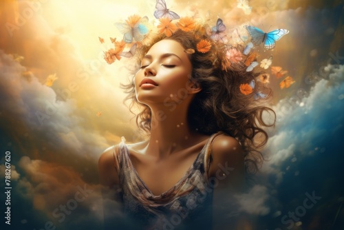 Woman with inner peace and calm mind. Wellness, relaxation and peaceful concepts.