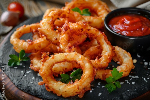 A plate of onion rings with a bowl of tomato sauce on the side on a tablecloth with a wooden spoon