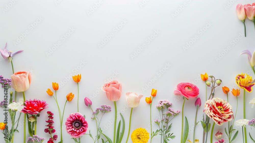A variety of colorful flowers arranged in a row on a white background.