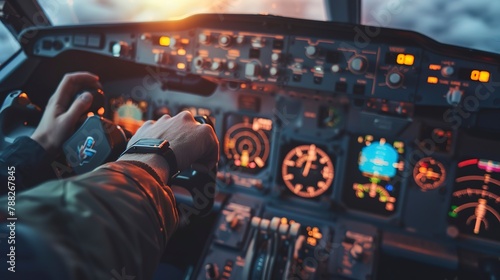 Pilot's hand on aircraft throttle, close-up, taking control, precision focus, flight operation photo