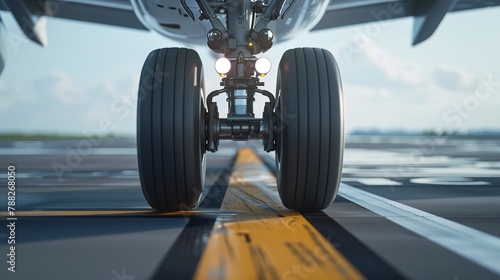 Aircraft landing gear touching down, tight shot, moment of arrival, engineering reliability, runway contact