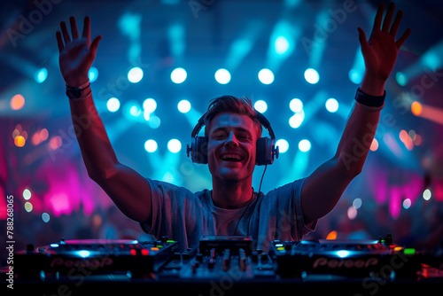 Ecstatic DJ surrounded by vibrant lights and adoring crowd