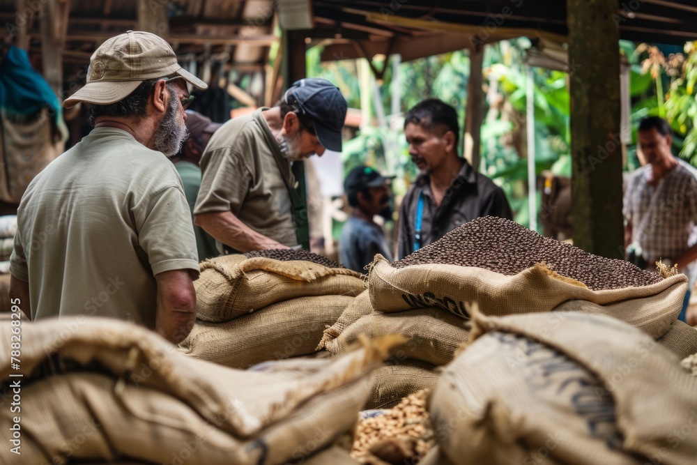 Coffee Farmers Engaging in a Lively Exchange at a Local Coffee Market, With Sacks of Coffee Beans Piled High and Buyers Inspecting The Quality, Generative AI Coffee Farmers Engaging in a Lively Exchange at a Local Coffee Market, With Sacks of Coffee Beans Piled High and Buyers Inspecting The Quality, Generative AI