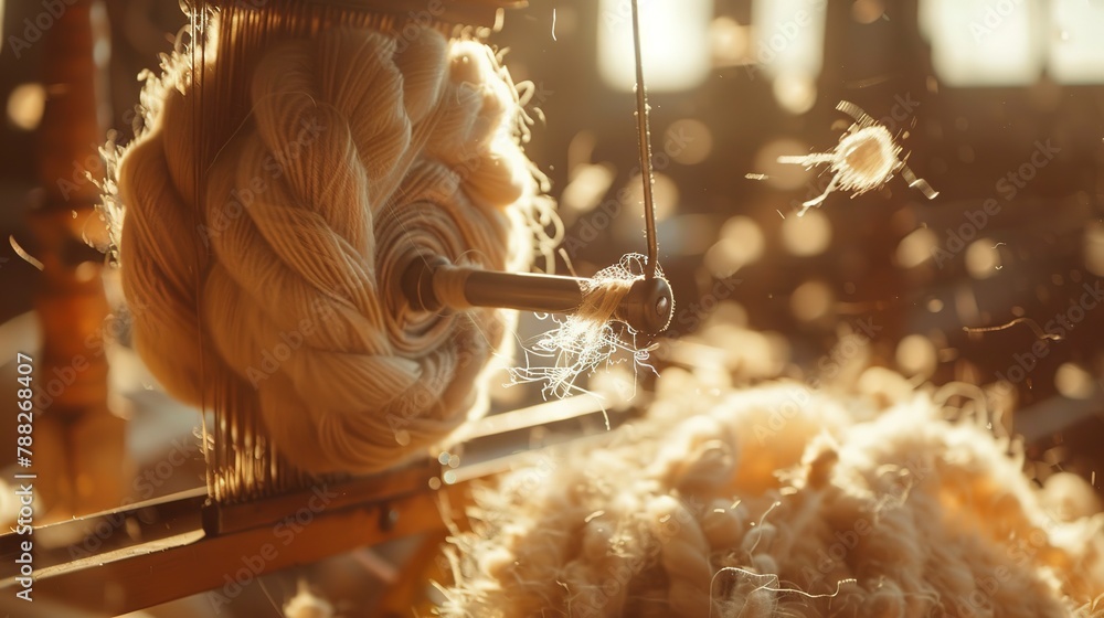 Wool being spun into yarn, tight shot, traditional technique, warmth in creation, textile origin  - obrazy, fototapety, plakaty 