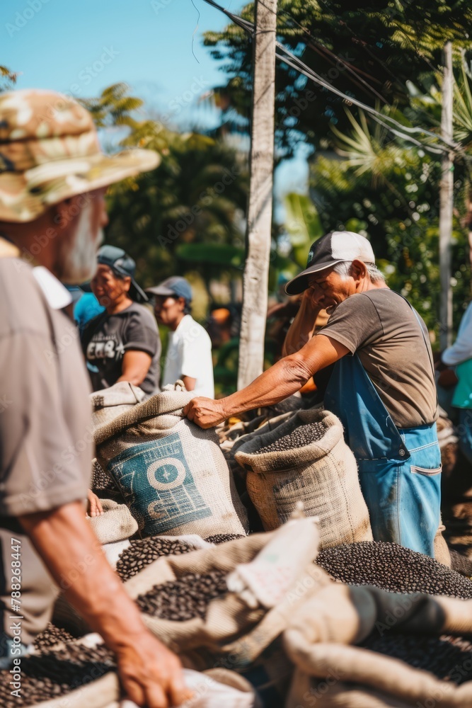 Coffee Farmers Engaging in a Lively Exchange at a Local Coffee Market, With Sacks of Coffee Beans Piled High and Buyers Inspecting The Quality, Generative AI