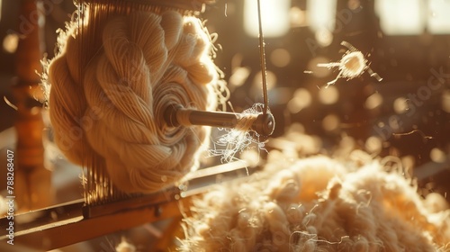Wool being spun into yarn, tight shot, traditional technique, warmth in creation, textile origin  photo