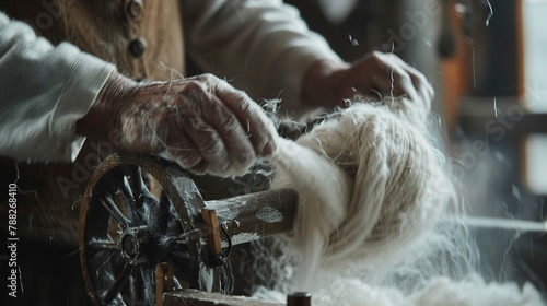 Wool being spun into yarn, tight shot, traditional technique, warmth in creation, textile origin 