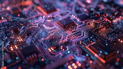Close view of a computer chip, macro detail, circuits like city maps, tech innovation, hardware beauty 