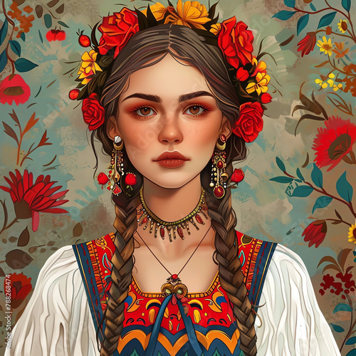 portrait of a traditional Ukrainian woman  in traditional Ukrainian clothes with flowers photo
