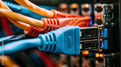 Ethernet cables plugged into a switch, macro view, connectivity web, network setup, IT lifeline 