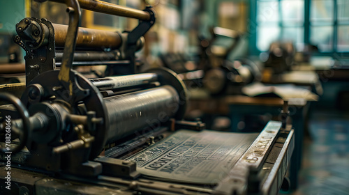 close up detail of an old printing press, in vintage colors.