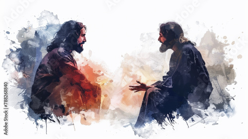 Digital artwork showing Jesus and Nicodemus discussing the concept of spiritual rebirth on a white backdrop.