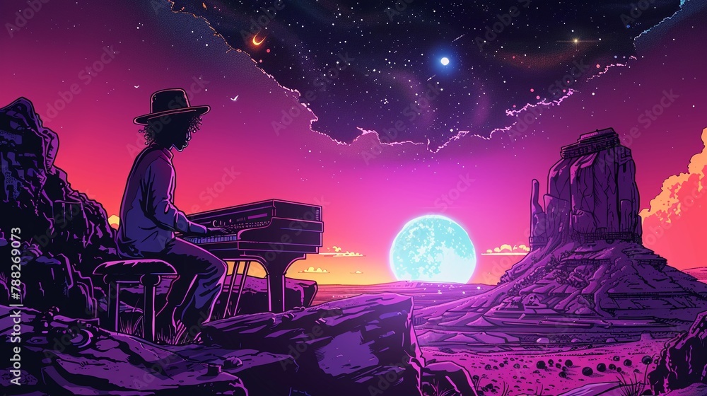 Write a scifi comic strip about a band of intergalactic musicians who travel from planet to planet, sharing their music and learning new melodies from alien civilizations 8K , high-resolution, ultra H