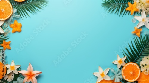 Tropical summer frame with palm leaves, fruits and flowers. Vacation and holiday concept.