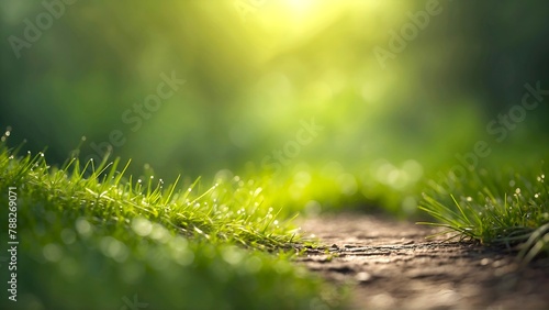green grass with dew drops sunlight in background, green grass and blurred foliage bokeh © Appu