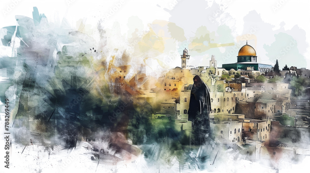 Jesus shedding tears over Jerusalem in a digital watercolor painting on a white backdrop. - obrazy, fototapety, plakaty 