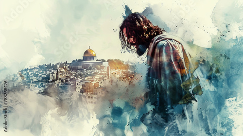 Jesus shedding tears over Jerusalem in a digital watercolor painting on a white backdrop.