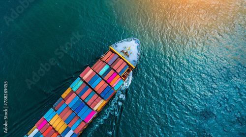 Aerial view from drone, Container ship or cargo shipping business logistic import and export freight transportation by container ship in the open sea, freight ship boat.    © Butt _Ai