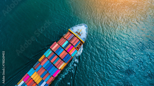 Aerial view from drone, Container ship or cargo shipping business logistic import and export freight transportation by container ship in the open sea, freight ship boat.