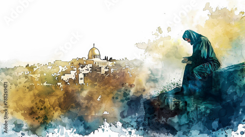 Jesus shedding tears over Jerusalem in a digital watercolor painting on a white backdrop.