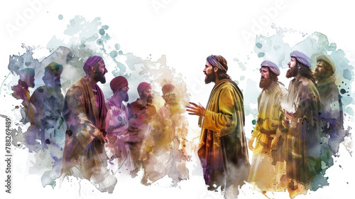 Jesus exposing the hypocrisy of the Pharisees and scribes through digital watercolor art on a white background. photo
