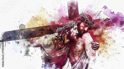 Jesus, with the help of Simon of Cyrene, carries the cross in a digital watercolor painting on a white background. photo