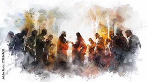 Jesus and his apostles depicted in a digital watercolor painting on a white background within the upper room.
