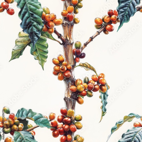 Seamless Coffee Plant Tile with Ripe Berries Illustration