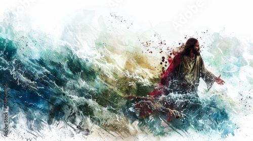 Jesus calming the storm on the Sea of Galilee depicted in a digital watercolor on a white background.