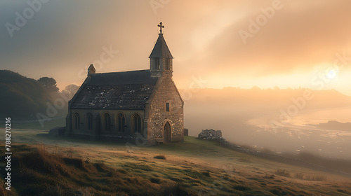 Early morning silhouette of an English church against a vibrant sky, serene ambiance, with misty surroundings, evoking tranquility and spiritual contemplation