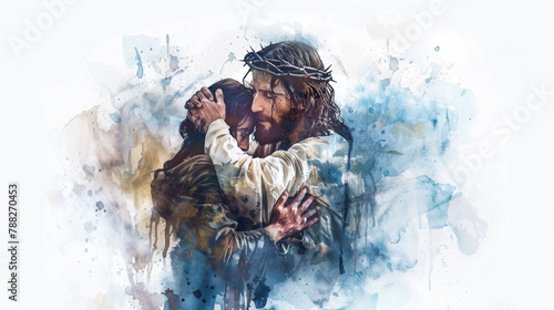 Jesus embracing the repentant thief on the cross in a digital watercolor painting on a white background. photo