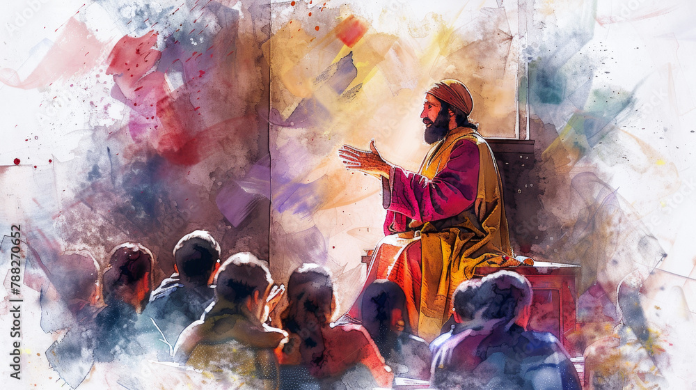 Jesus painting in a digital watercolor style, teaching in the synagogue and impressing his audience with his profound wisdom.
