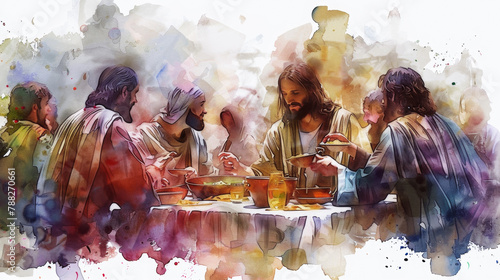 Jesus dining with sinners and tax collectors, depicted in a digital watercolor on a white backdrop.