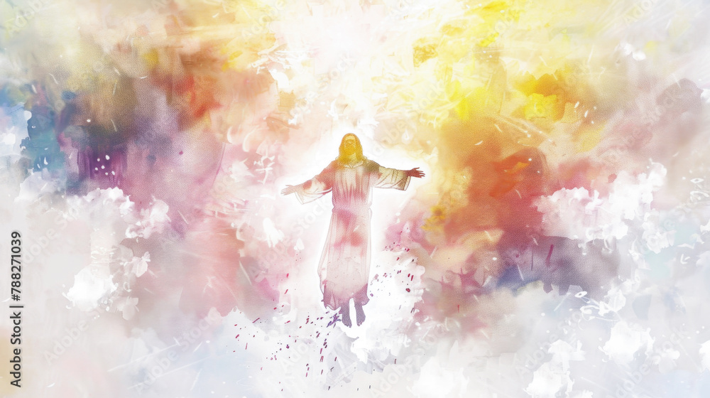 Obraz premium Jesus rising into the clouds in a digital watercolor painting on a white backdrop.