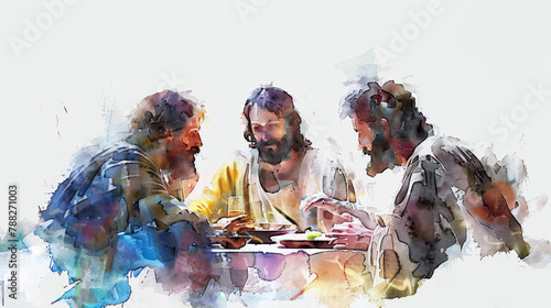 A digital depiction of Jesus dining with the Emmaus disciples following his resurrection, showcased in watercolor on a white backdrop. © Graphic Dude