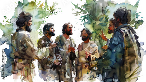 Jesus teaching his disciples the meaning of the parable of the sower through digital watercolor art on a white background.