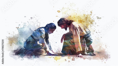 Create a digital watercolor of Jesus healing the woman bent over for 18 years on a white background.