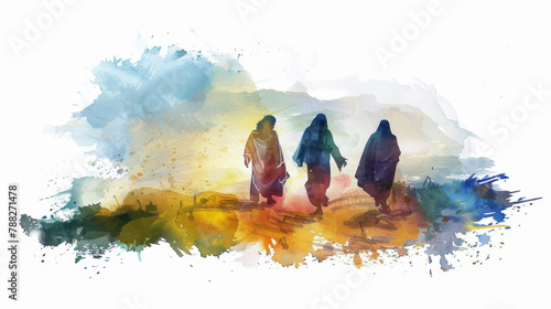 Reimagining Jesus and his disciples walking to Emmaus in a digital watercolor on a white canvas.