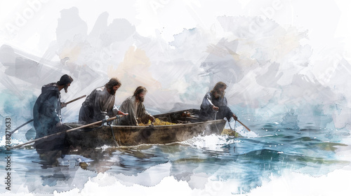 Jesus with the fishermen depicted in a digital watercolor painting on a white backdrop.