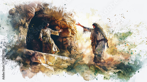 Jesus summons Lazarus back to life from his tomb in a digital watercolor painting set against a white backdrop.