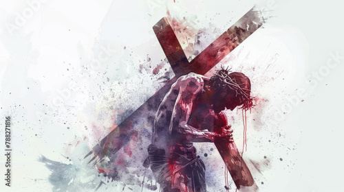 Jesus, covered in blood and sweat, carries the cross with determination despite his exhaustion.