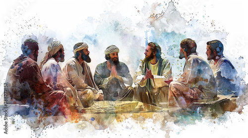 Jesus instructing his followers in the Lord's Prayer while painting digitally with watercolors on a white background. photo