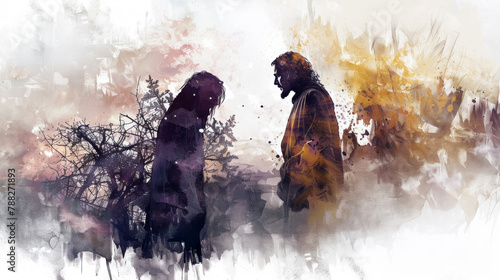 A digital artwork depicting Jesus being tempted by Satan in the wilderness, created using watercolor techniques on a white background.