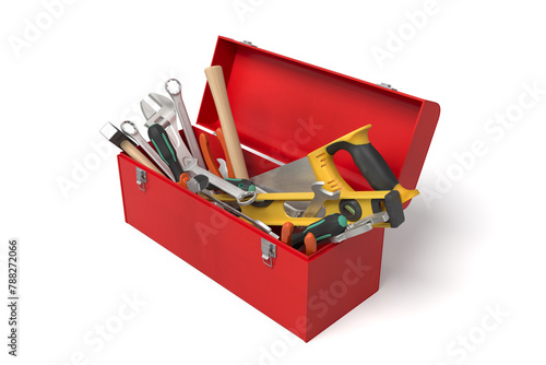 Red toolbox with assorted hand tools