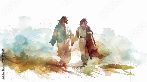 Create a digital watercolor image of Jesus and Paul on their journey to Damascus against a white backdrop.