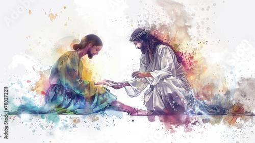 Jesus painting digitally on a white background as He anoints Mary Magdalene's feet.