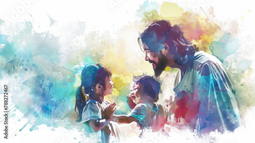 Jesus blessing the children depicted in a digital watercolor painting on a white background. © Graphic Dude
